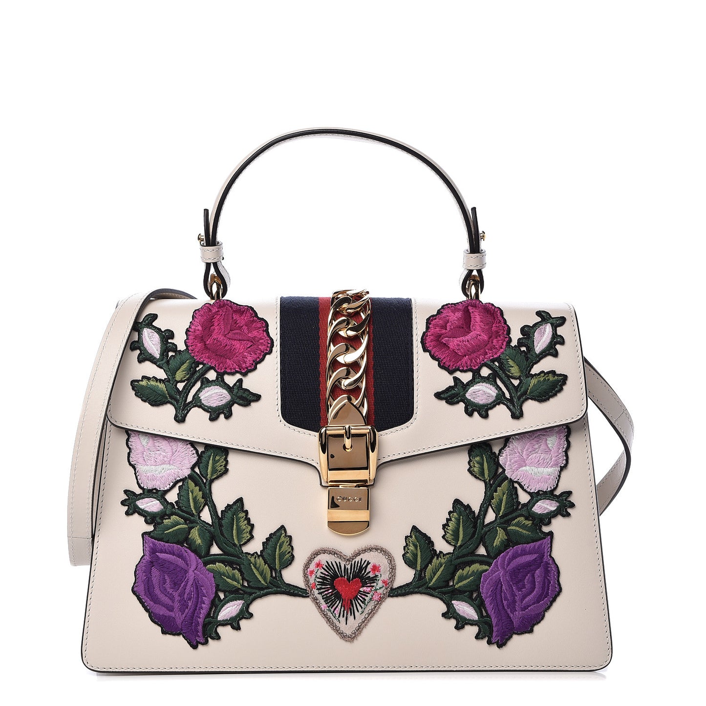 Calfskin Embroidered Medium Sylvie Top Handle Bag White