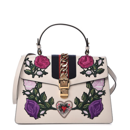 Gucci Calfskin Embroidered Medium Sylvie Top Handle Bag White 1 of 11