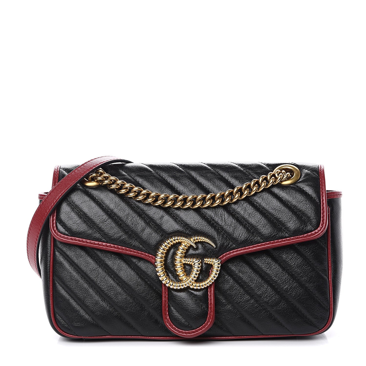 Gucci Vintage Effect Calfskin Matelasse Diagonal Small Torchon GG Marmont Shoulder Bag Black Romantic Cherry 1 of 10