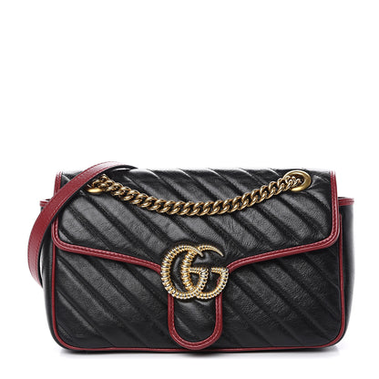 Gucci Vintage Effect Calfskin Matelasse Diagonal Small Torchon GG Marmont Shoulder Bag Black Romantic Cherry 1 of 10