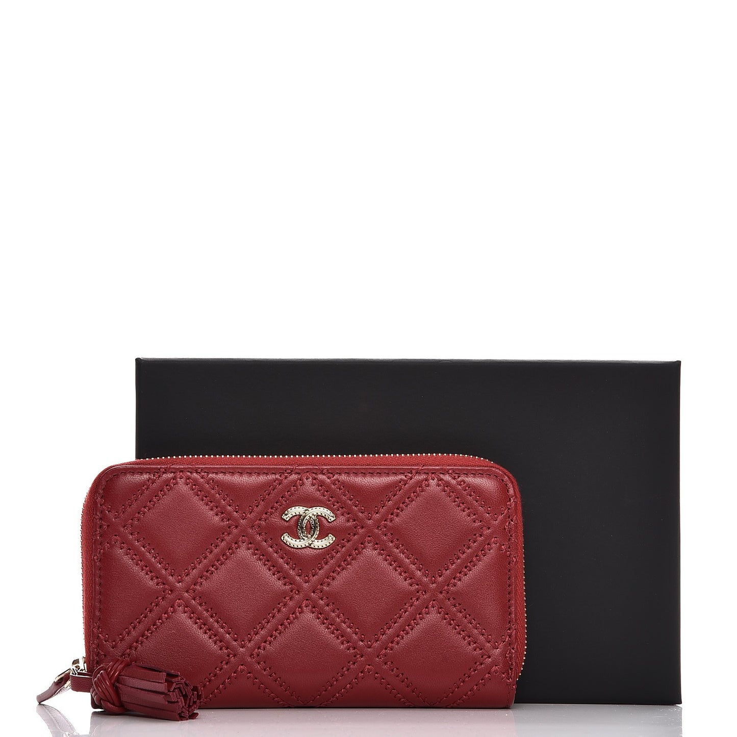 Lambskin Quilted Medium Zip Around Wallet Dark Red