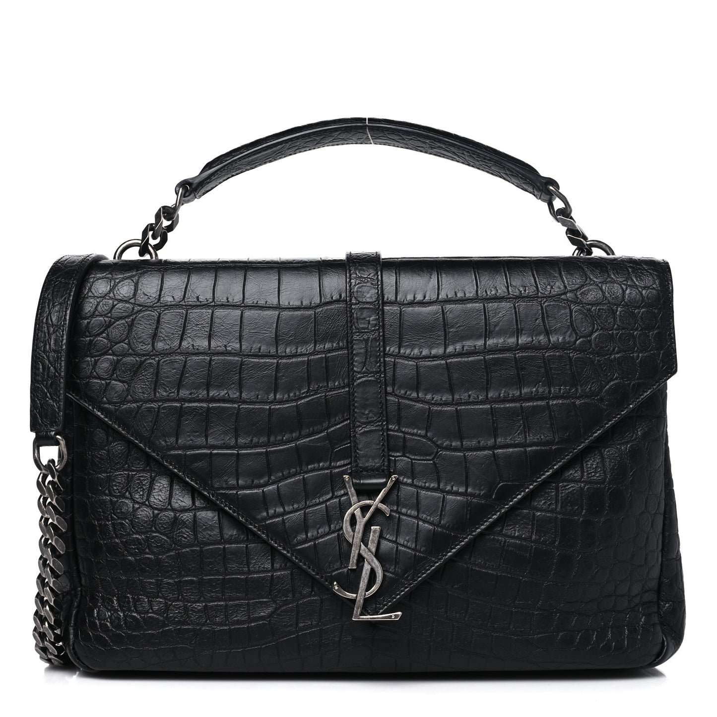 Calfskin Crocodile Embossed Large College Monogram Satchel Black