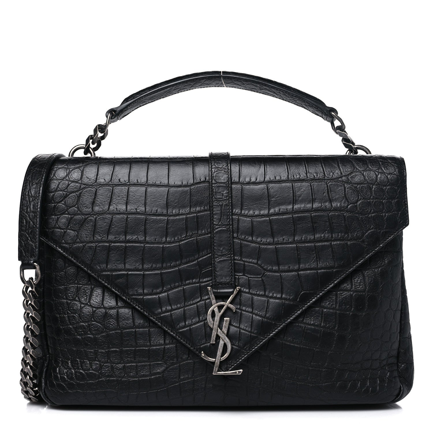 Saint Laurent Calfskin Crocodile Embossed Large College Monogram Satchel Black 1 of 11