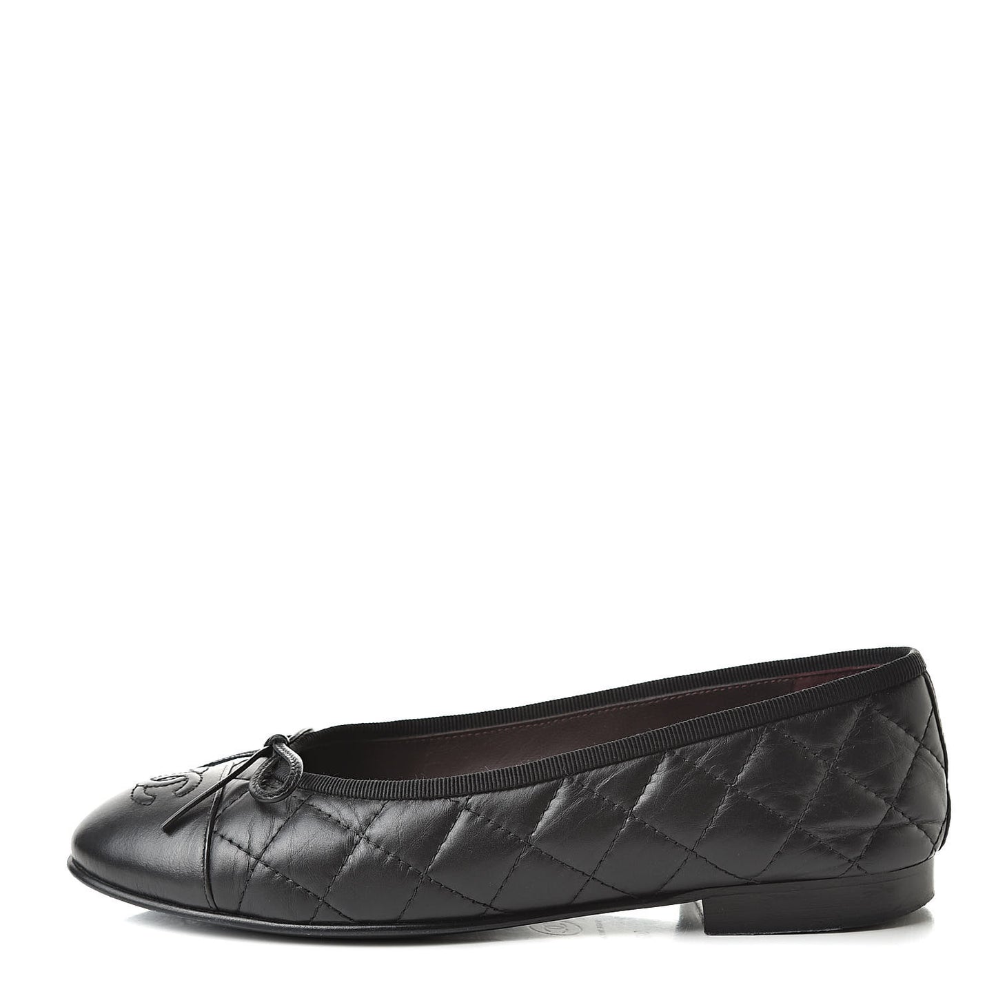 Aged Calfskin Quilted Cap Toe Ballerina Flats 36 Black