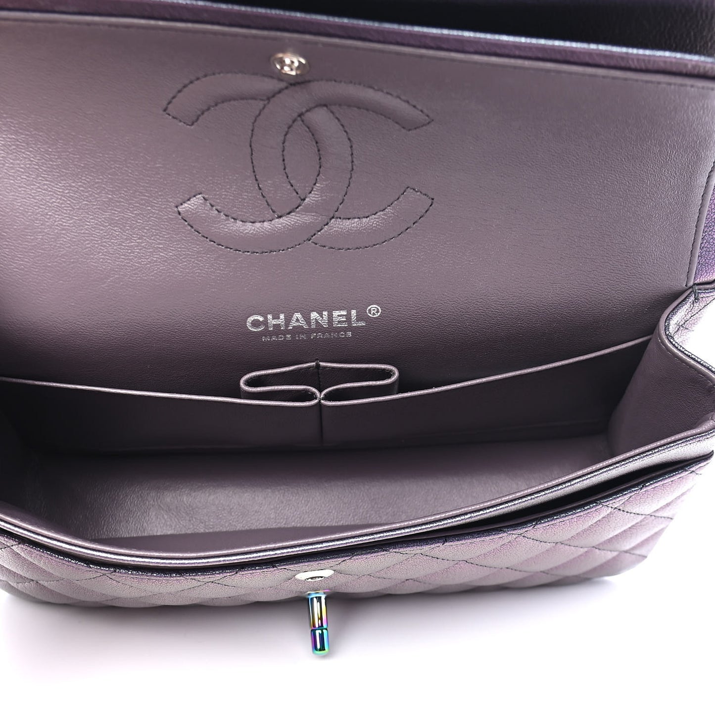 Iridescent Goatskin Quilted Medium Double Flap Purple