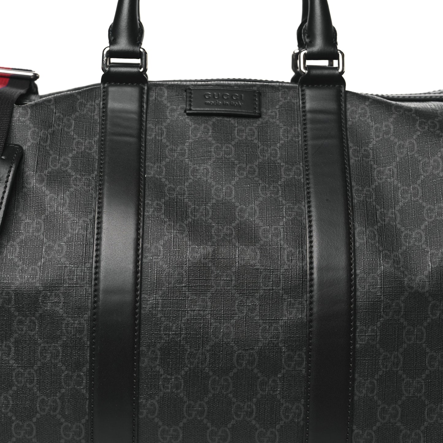 Soft GG Supreme Monogram Appia Calfskin Web Medium Carry On Duffle Bag Black Grey