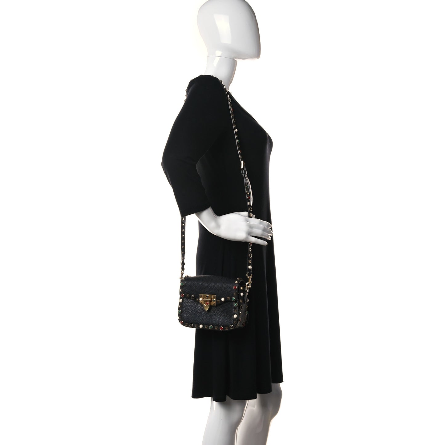Pebbled Calfskin Rockstud Rolling Flip Lock Crossbody Bag Black