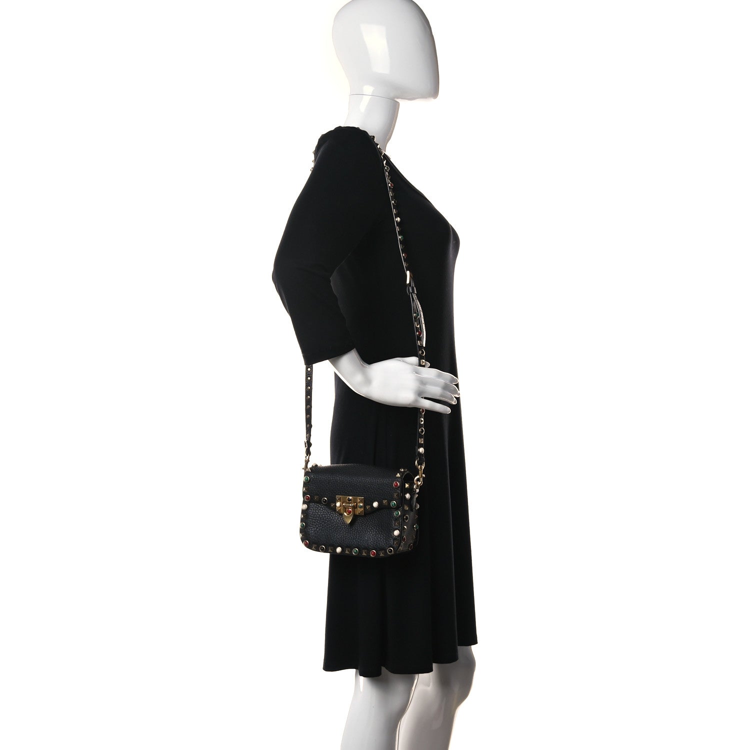 Valentino Garavani Pebbled Calfskin Rockstud Rolling Flip Lock Crossbody Bag Black 2 of 14