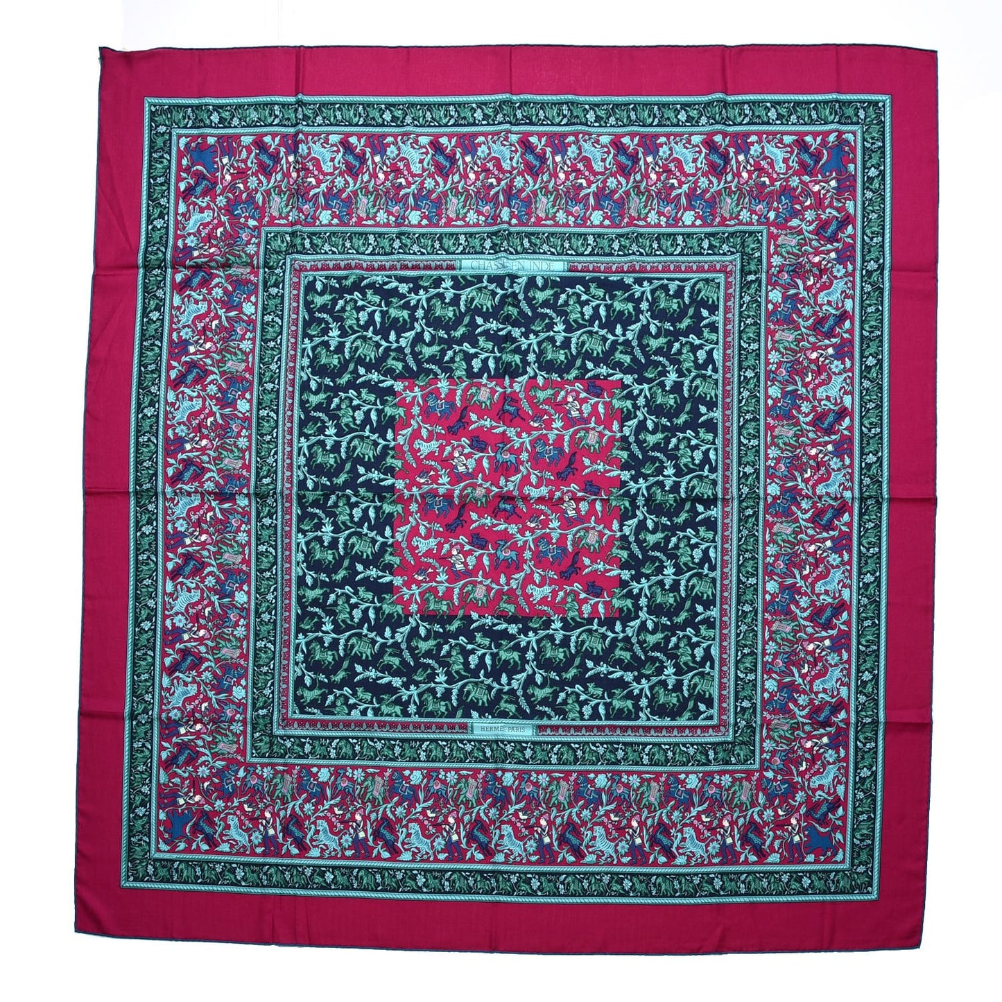 Cashmere Silk Chasse En Inde Shawl 140 Fuchsia Vert Marine