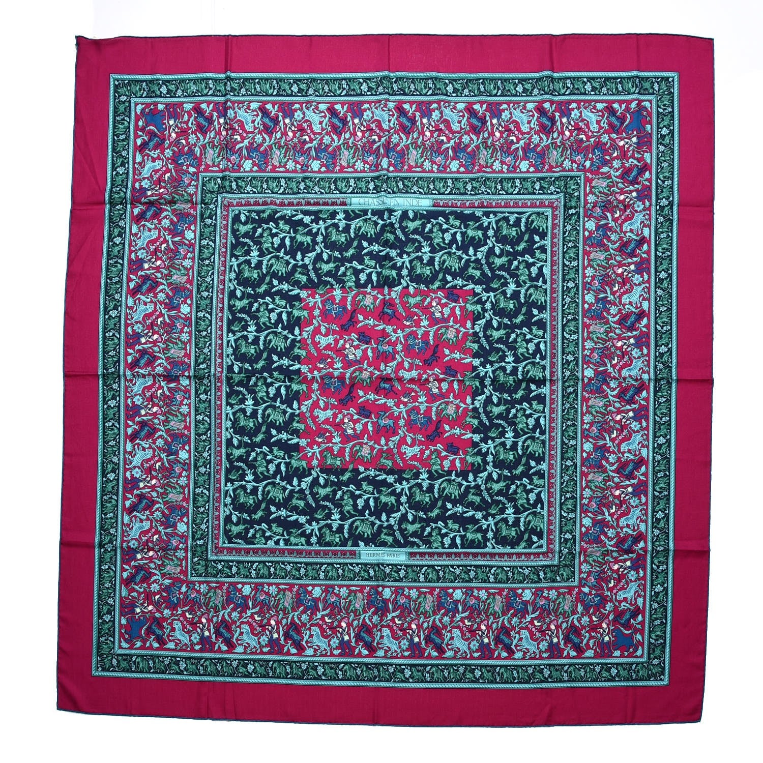 Hermes Cashmere Silk Chasse En Inde Shawl 140 Fuchsia Vert Marine 1 of 4
