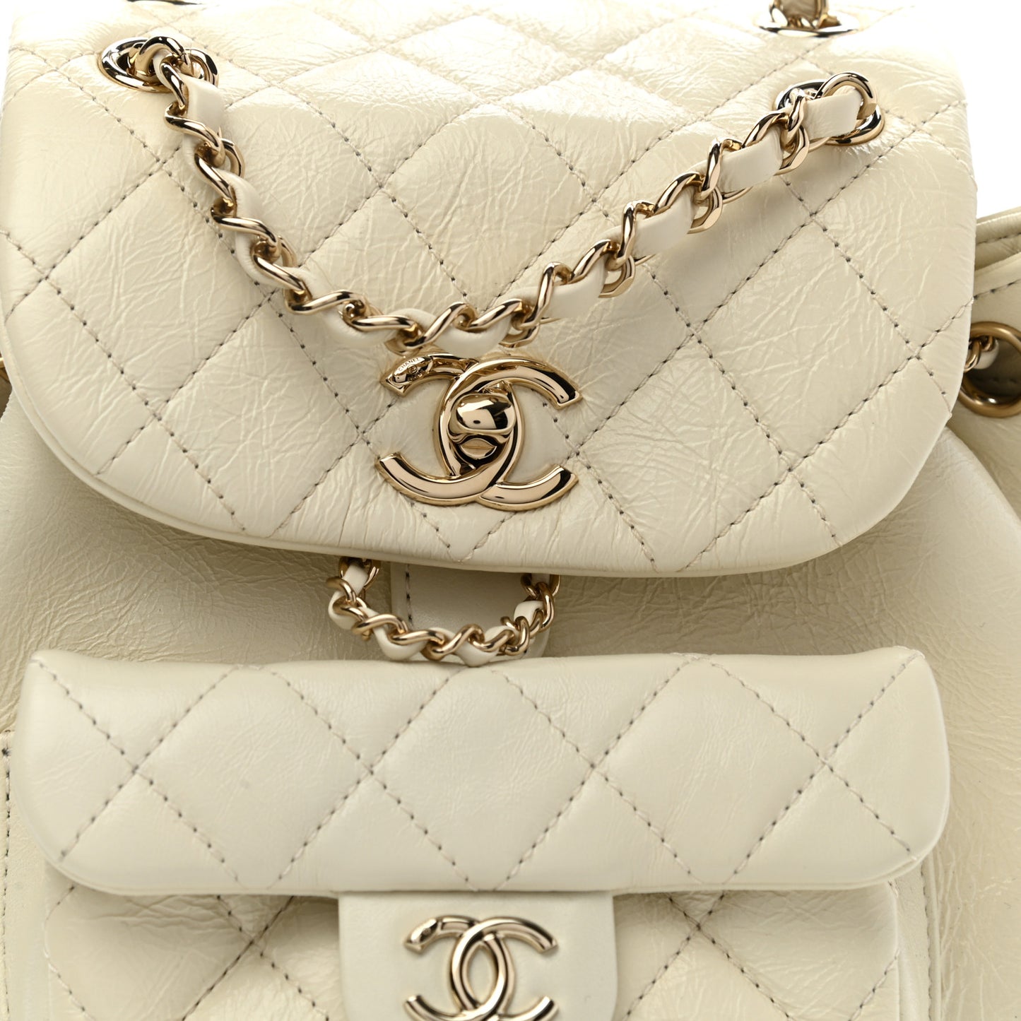 Glazed Aged Calfskin Quilted Small Duma Drawstring Backpack White