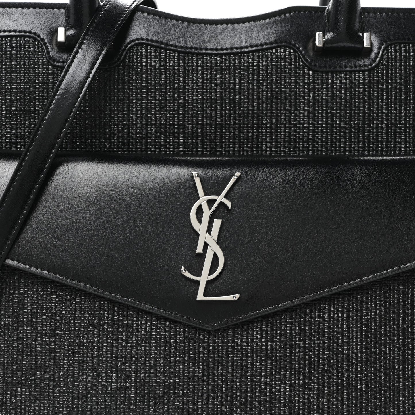 Raffia Shiny Calfskin Large Uptown Tote Black
