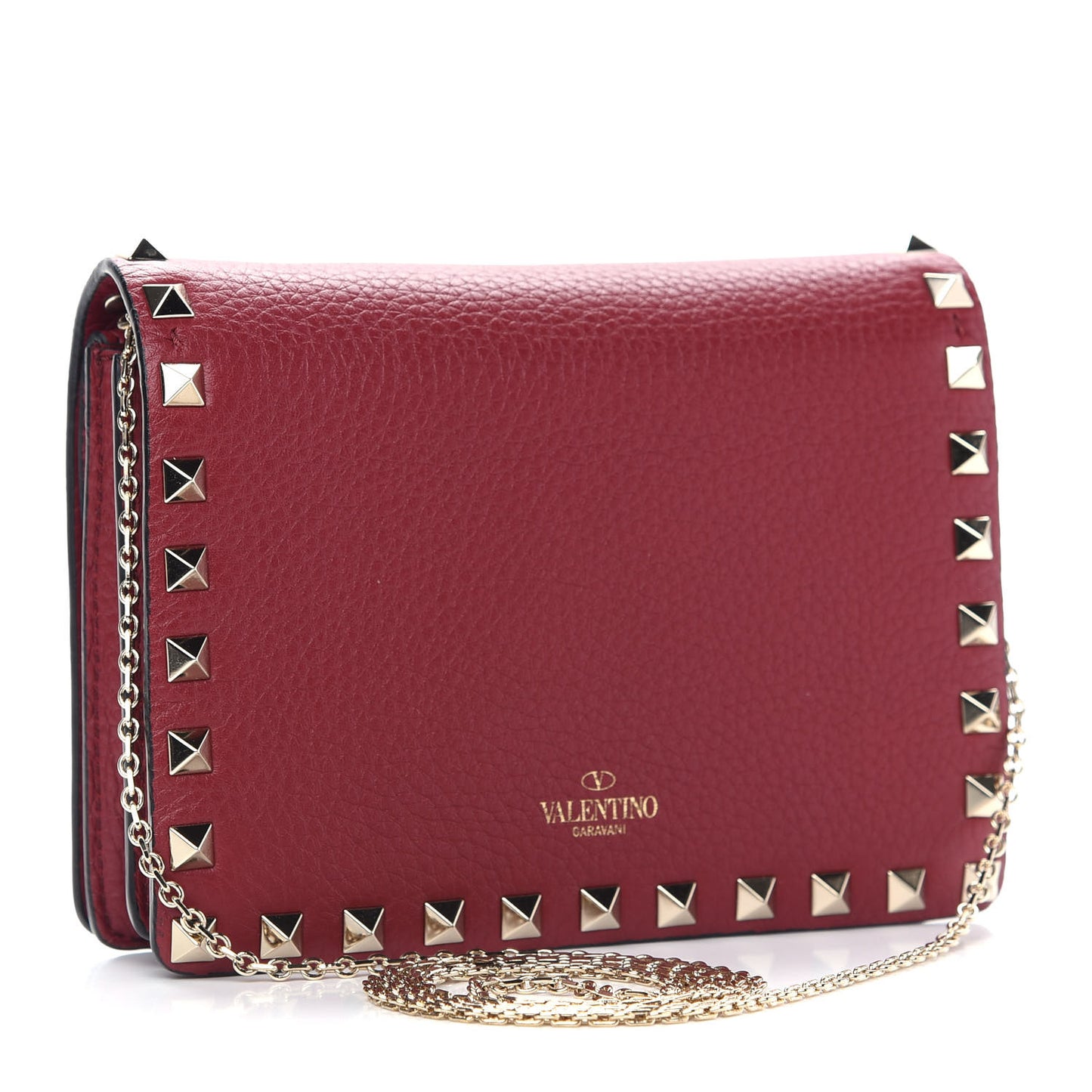 Pebbled Calfskin Rockstud Wallet on Chain Rubino