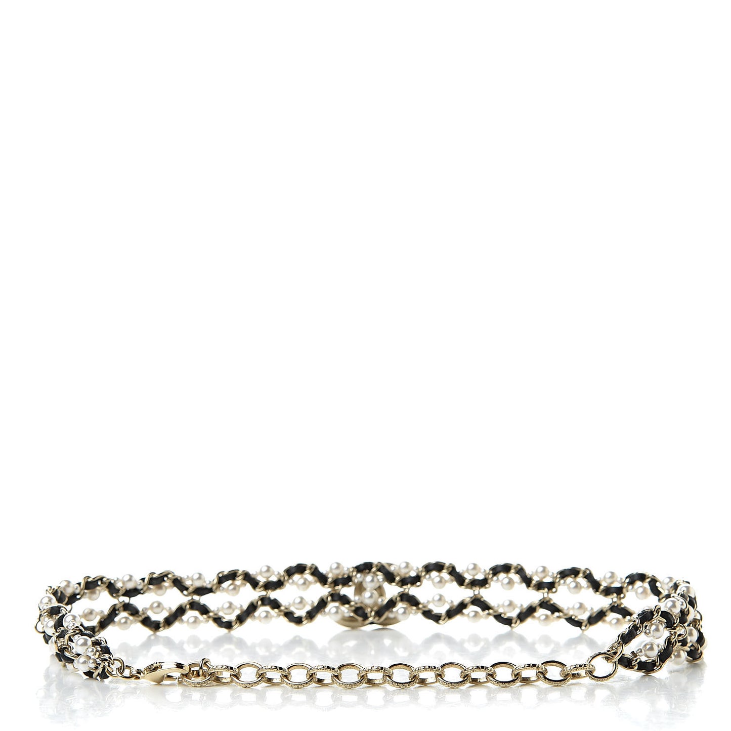 Pearl Lambskin CC Chain Twist Choker Necklace Black Gold