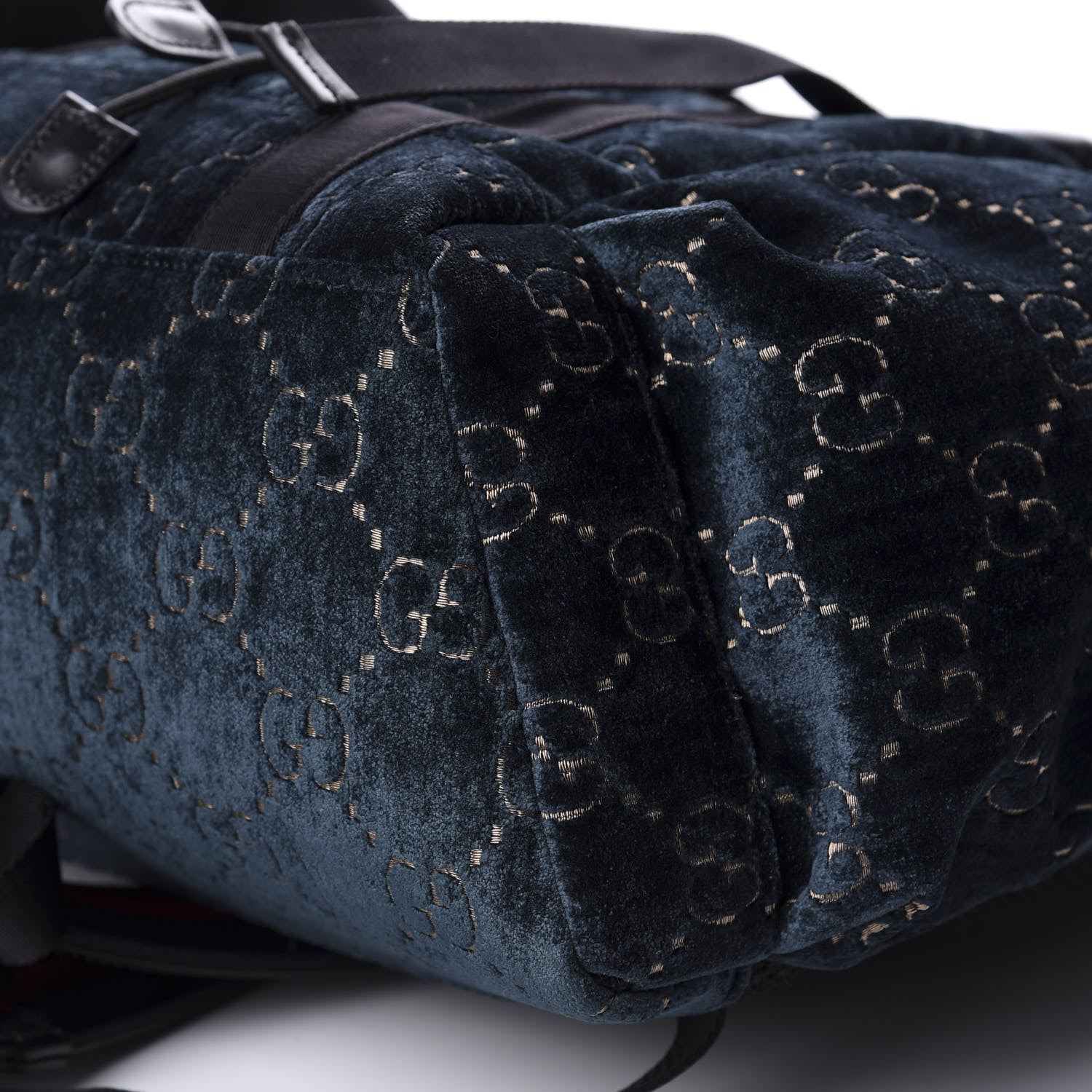 Gucci Velvet GG Monogram Web Medium Double Buckle Backpack Blue Beige Black 6 of 11