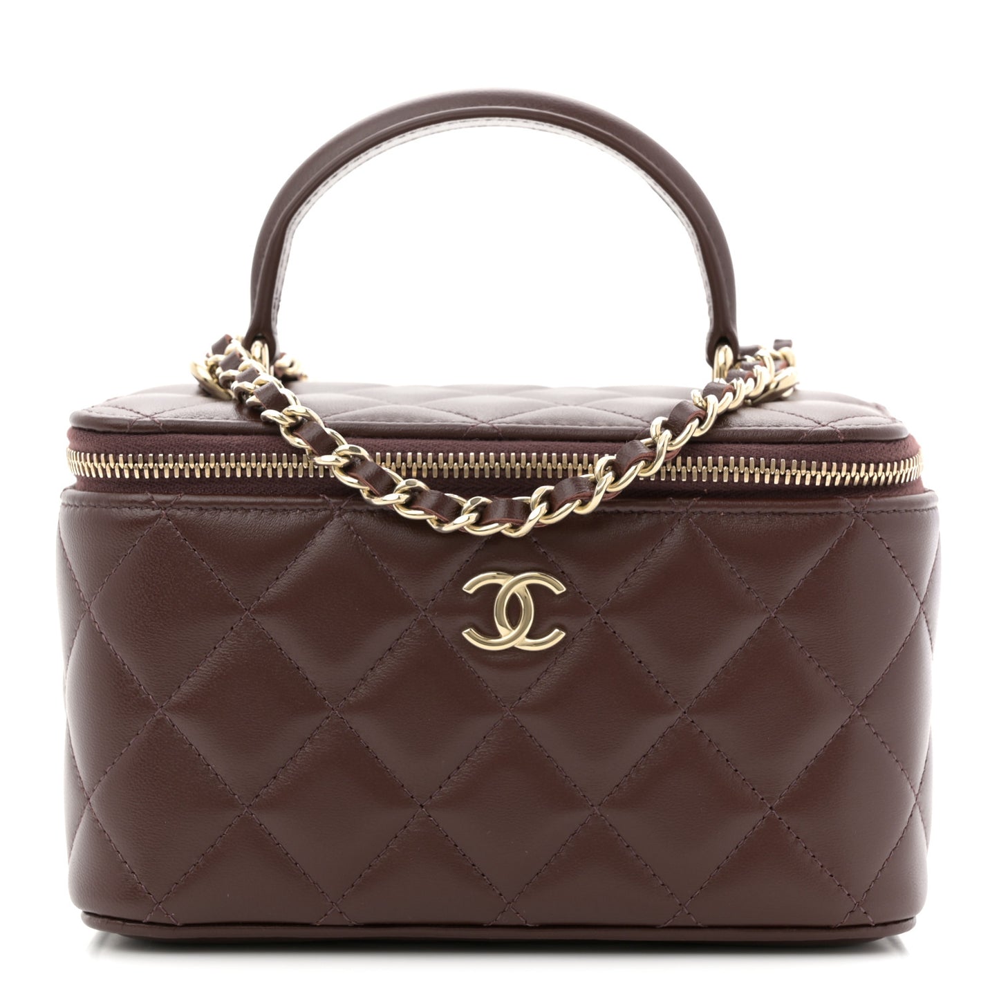 Lambskin Quilted Small Top Handle Vanity Case With Chain Dark Brown