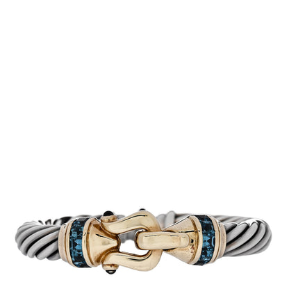 David Yurman Sterling Silver 14K Yellow Gold Blue Topaz Iolite 10mm Cable Buckle Bracelet 1 of 4