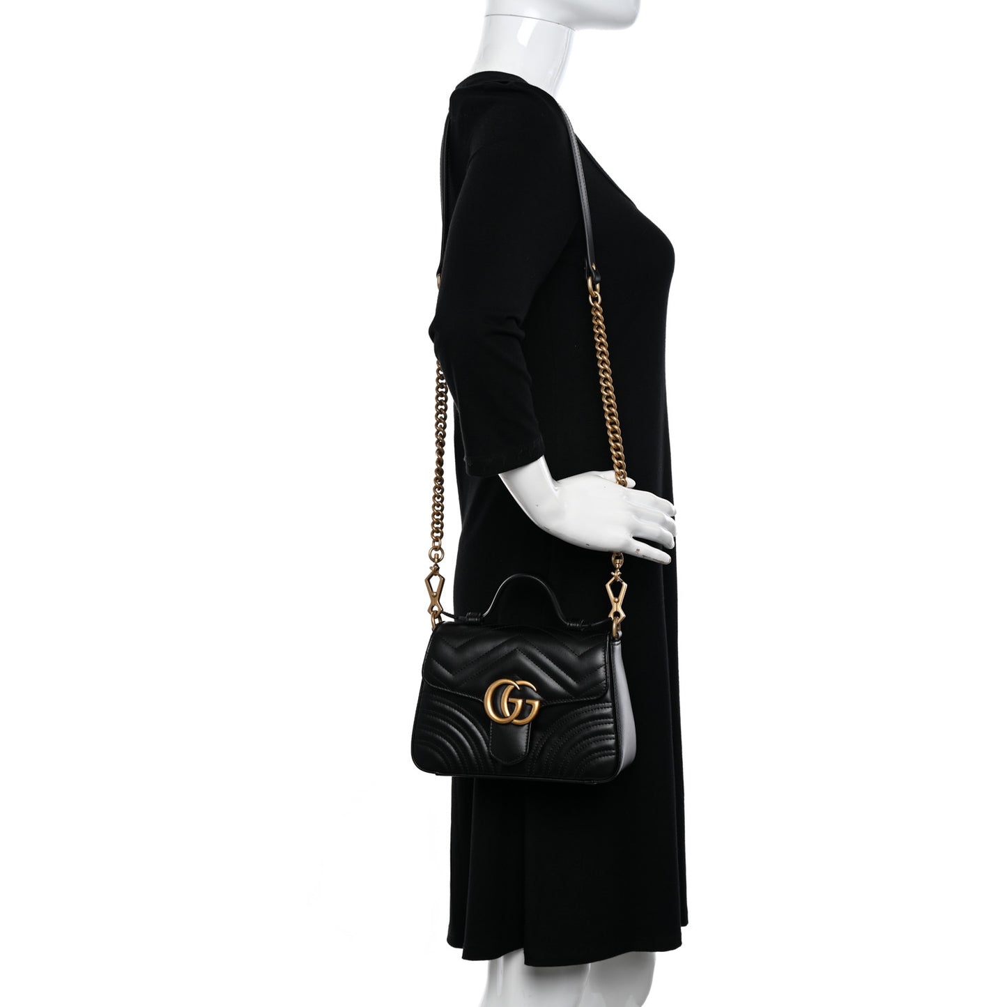 Calfskin Matelasse Mini GG Marmont Top Handle Shoulder Bag Black