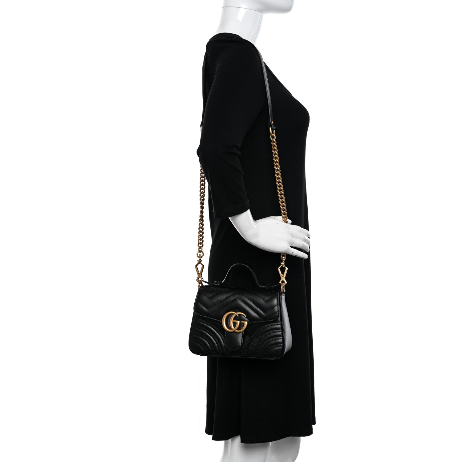 Gucci Calfskin Matelasse Mini GG Marmont Top Handle Shoulder Bag Black 2 of 10