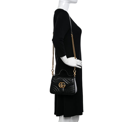 Gucci Calfskin Matelasse Mini GG Marmont Top Handle Shoulder Bag Black 2 of 10