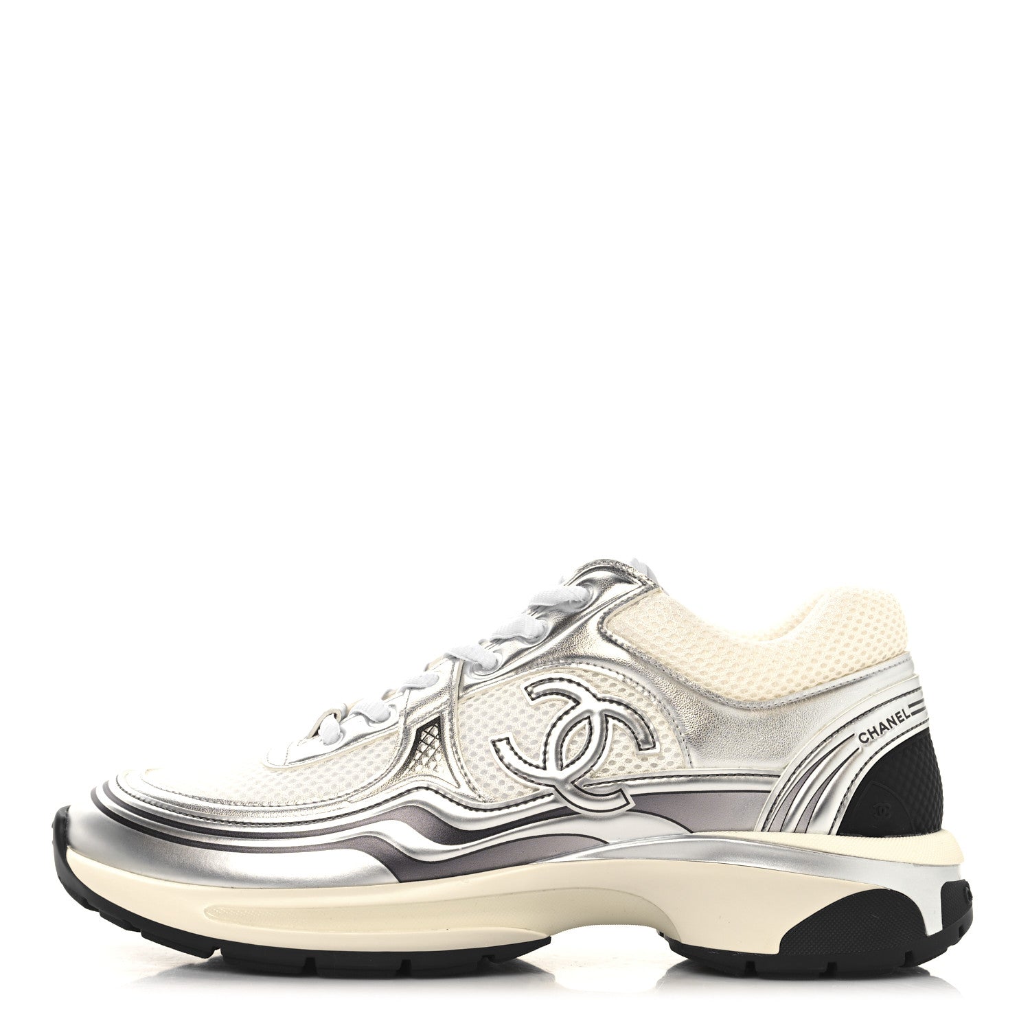Chanel Fabric Laminated Calfskin Stretch CC Womens Sneakers 39.5 White Silver 1 of 10