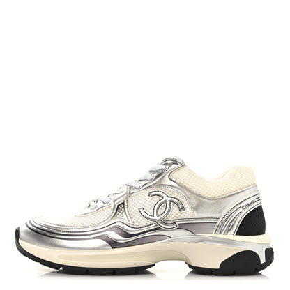 Chanel Fabric Laminated Calfskin Stretch CC Womens Sneakers 39.5 White Silver 1 of 10