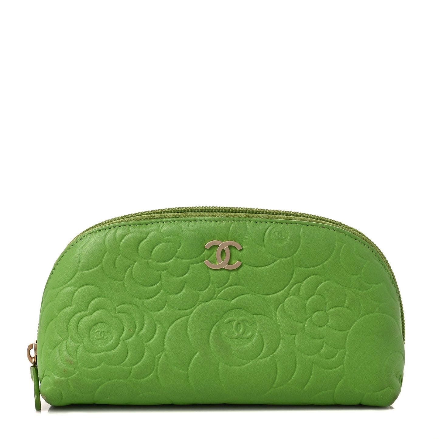 Lambskin Camellia Embossed Cosmetic Case Green
