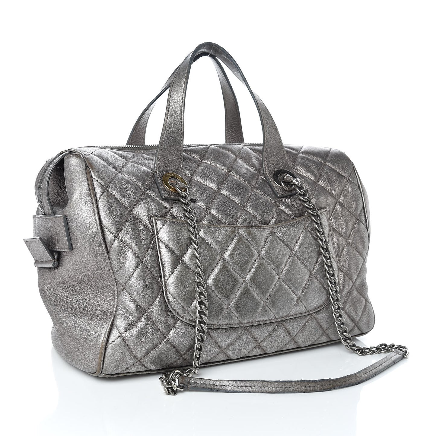 Metallic Grained Calfskin Quilted Large Casual Pocket Bowling Bag Silver