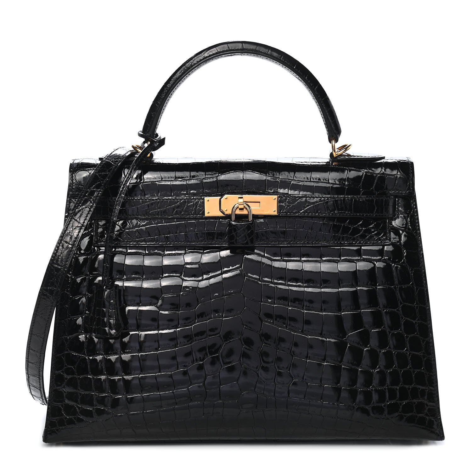 Hermes Shiny Niloticus Crocodile Kelly Sellier 32 Black 1 of 10