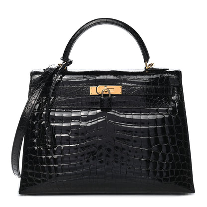 Hermes Shiny Niloticus Crocodile Kelly Sellier 32 Black 1 of 10