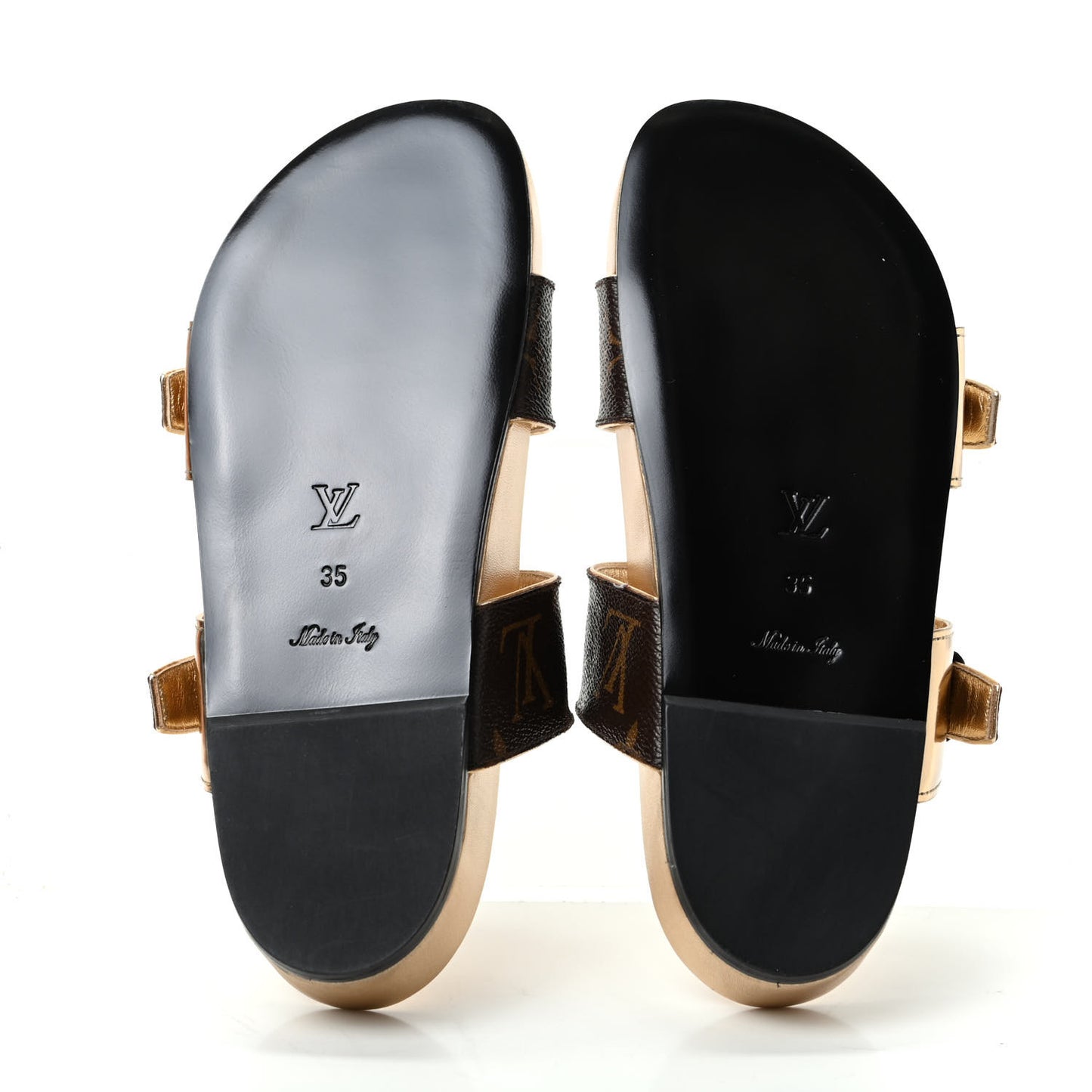 Patent Calfskin Monogram Bom Dia Mule Sandals 35 Gold