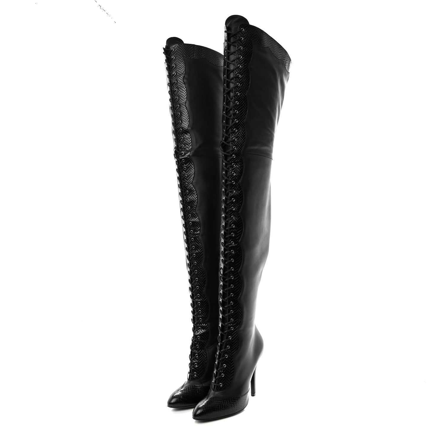 Gucci Calfskin Snakeskin Embossed Harriet Over the Knee High Boots 38 Black 3 of 8
