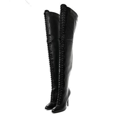 Gucci Calfskin Snakeskin Embossed Harriet Over the Knee High Boots 38 Black 3 of 8