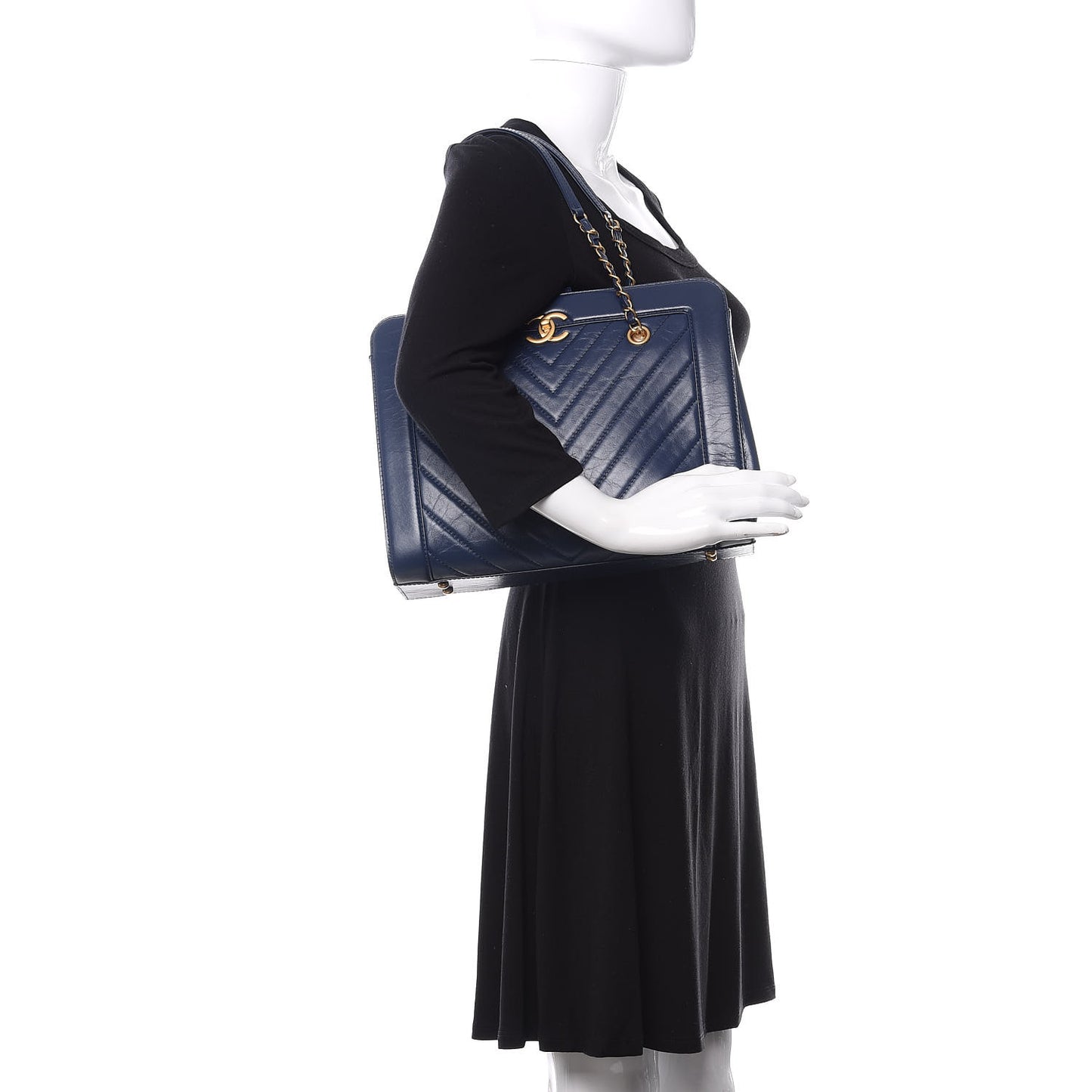 Aged Calfskin Chevron Quilted Large Shopping Tote Navy