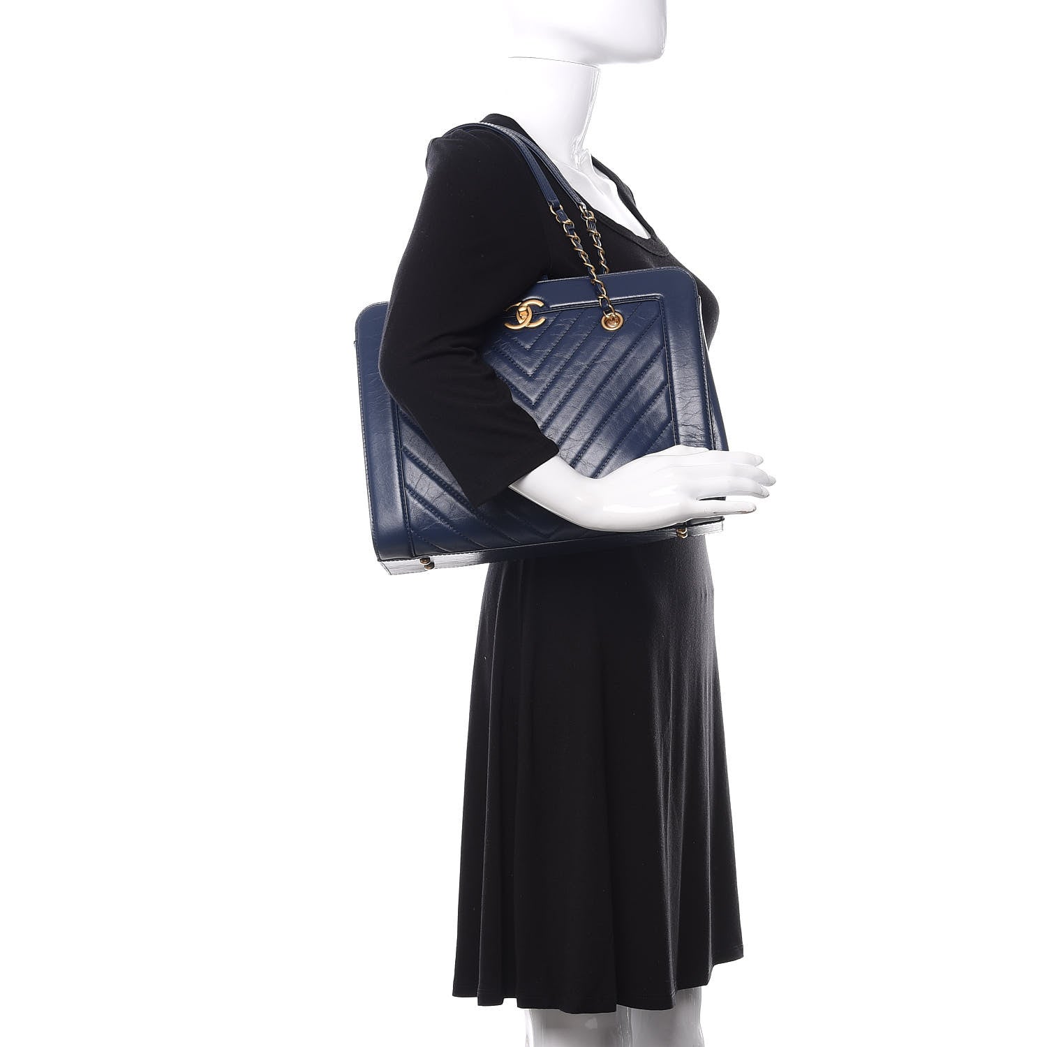 Chanel Aged Calfskin Chevron Quilted Large Shopping Tote Navy 2 of 11
