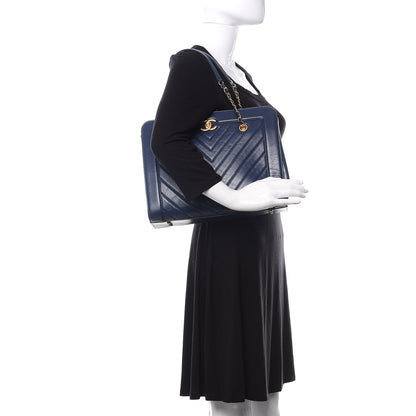 Chanel Aged Calfskin Chevron Quilted Large Shopping Tote Navy 2 of 11
