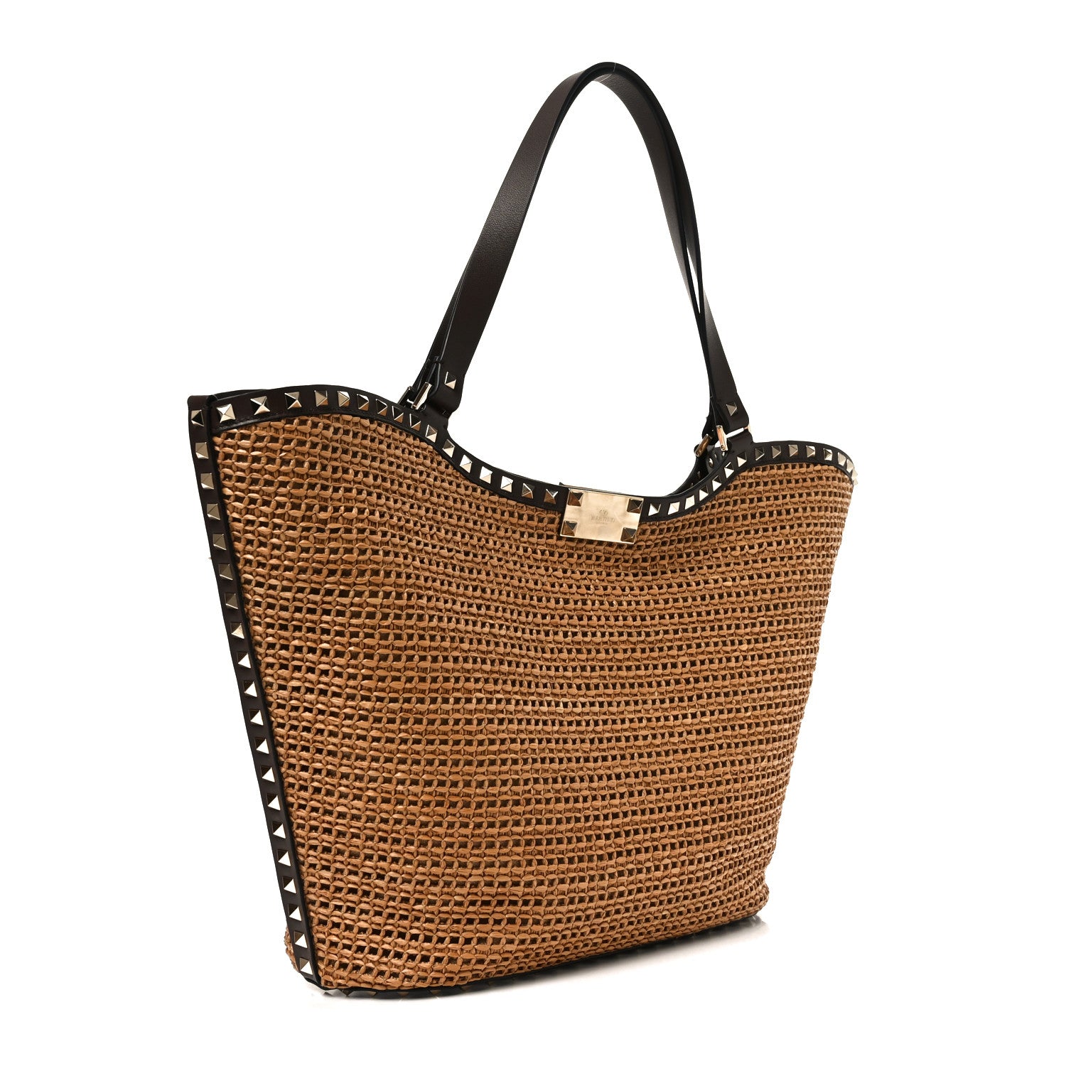 Valentino Garavani Synthetic Raffia Calfskin Rockstud Garden Tote Bag Tobacco Cacao 3 of 10