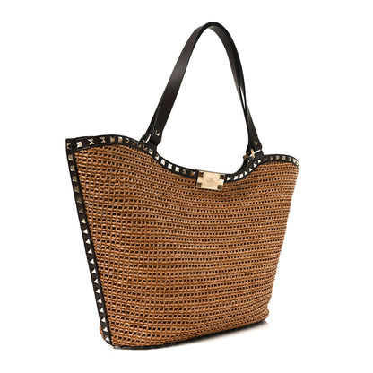 Valentino Garavani Synthetic Raffia Calfskin Rockstud Garden Tote Bag Tobacco Cacao 3 of 10