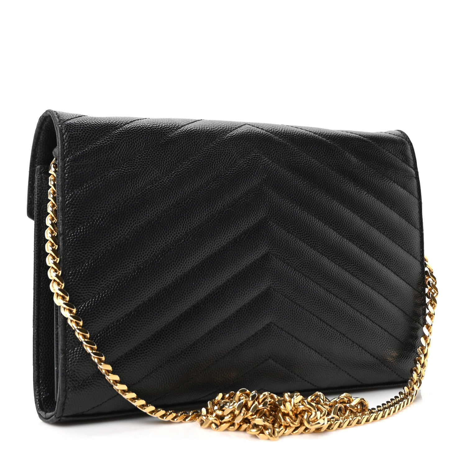 Saint Laurent Grain De Poudre Matelasse Chevron Monogram Chain Wallet Black 2 of 9
