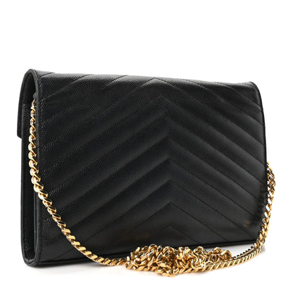 Saint Laurent Grain De Poudre Matelasse Chevron Monogram Chain Wallet Black 2 of 9