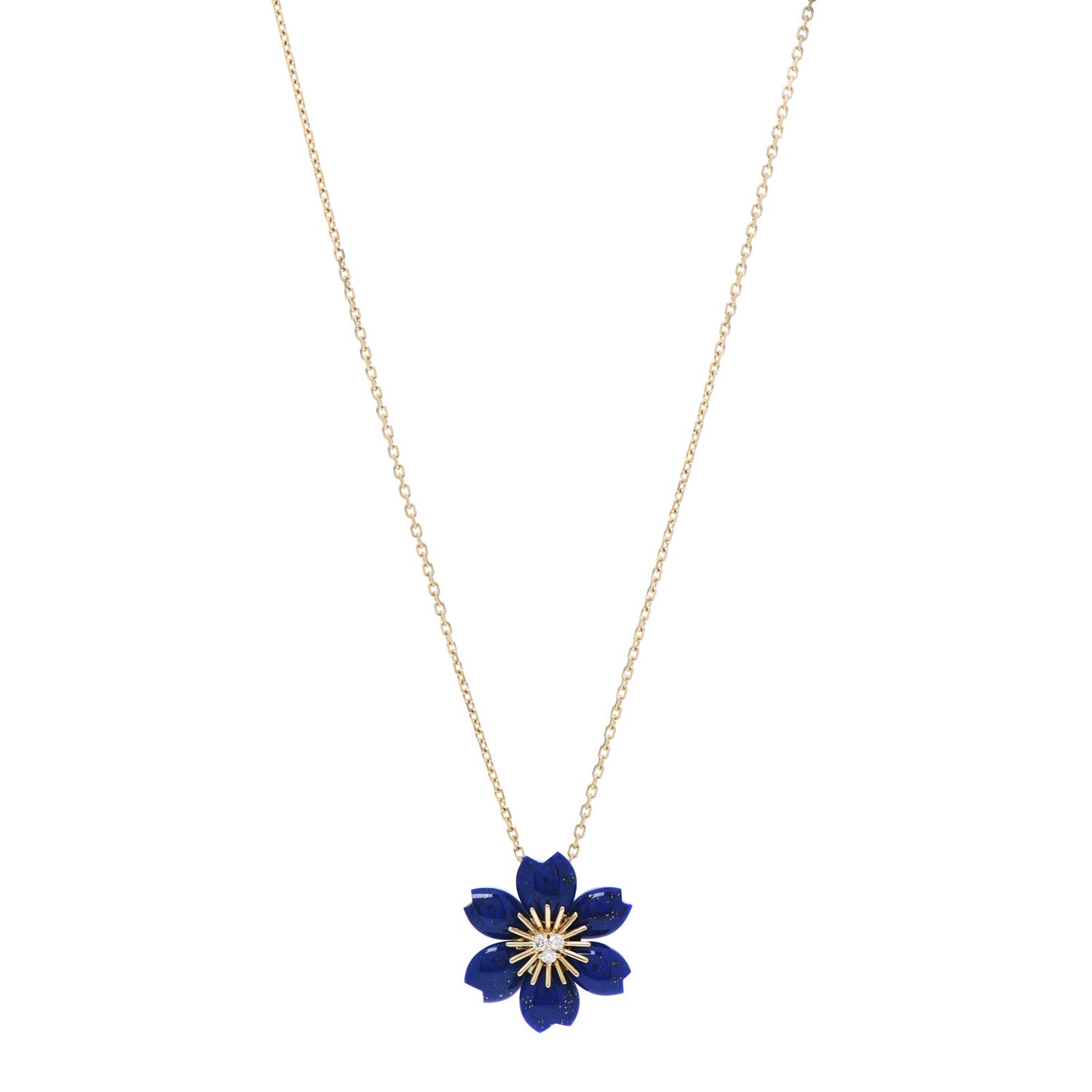18K Yellow Gold Diamond Lapis Lazuli Mini Rose De Noel Pendant Necklace