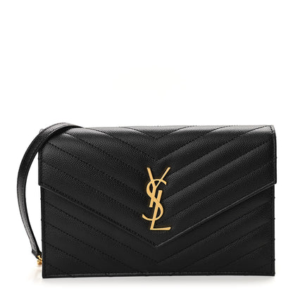 Saint Laurent Grain De Poudre Matelasse Chevron Monogram Envelope Chain Wallet Black 1 of 9