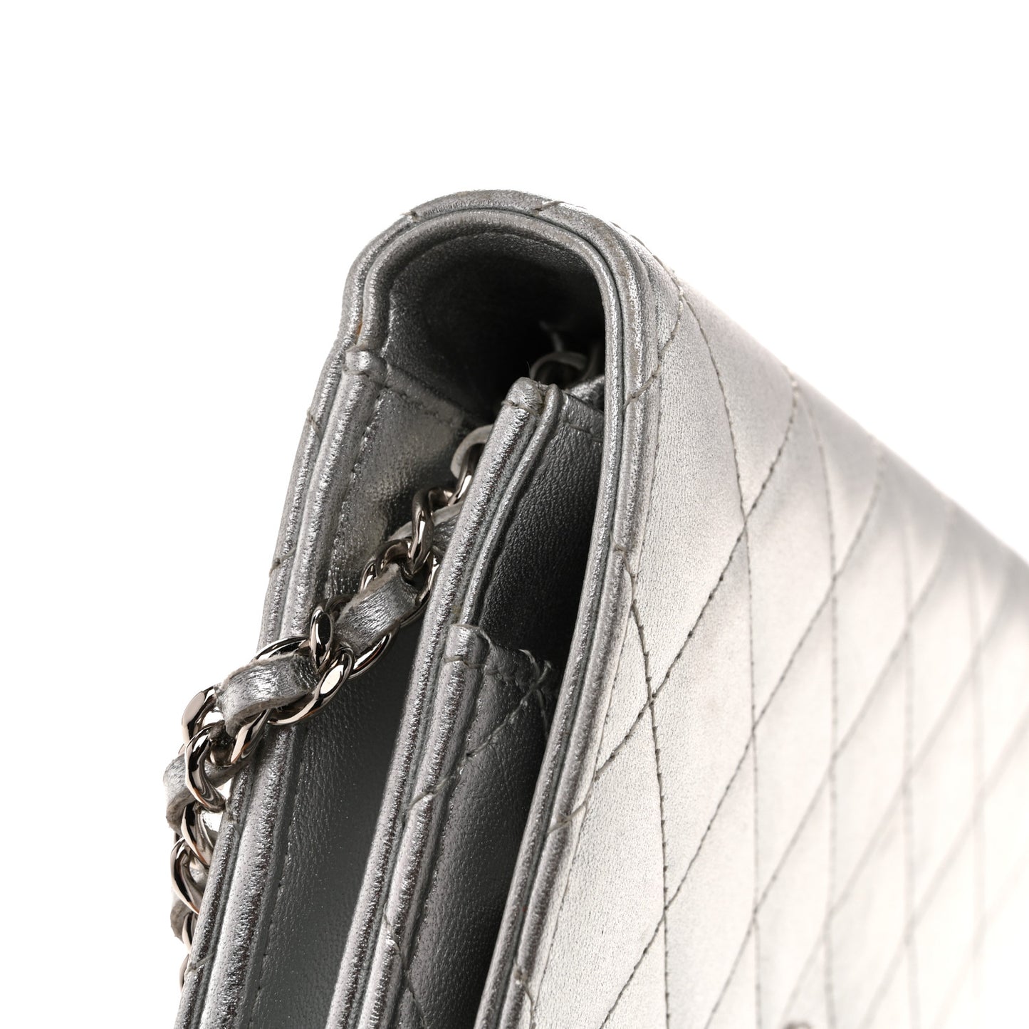 Metallic Lambskin Quilted Wallet On Chain WOC Silver