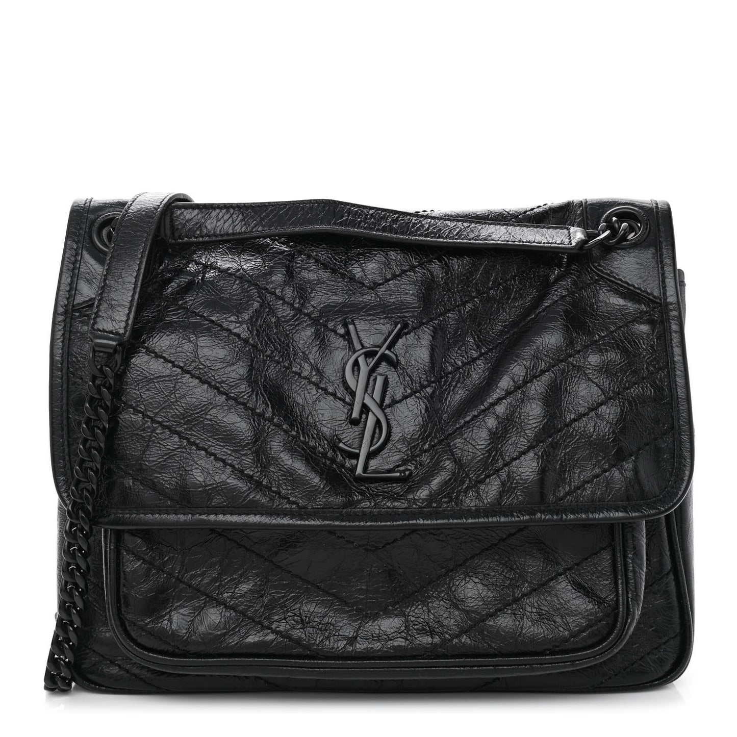 Crinkled Calfskin Matelasse Monogram Medium Niki Chain Satchel Black