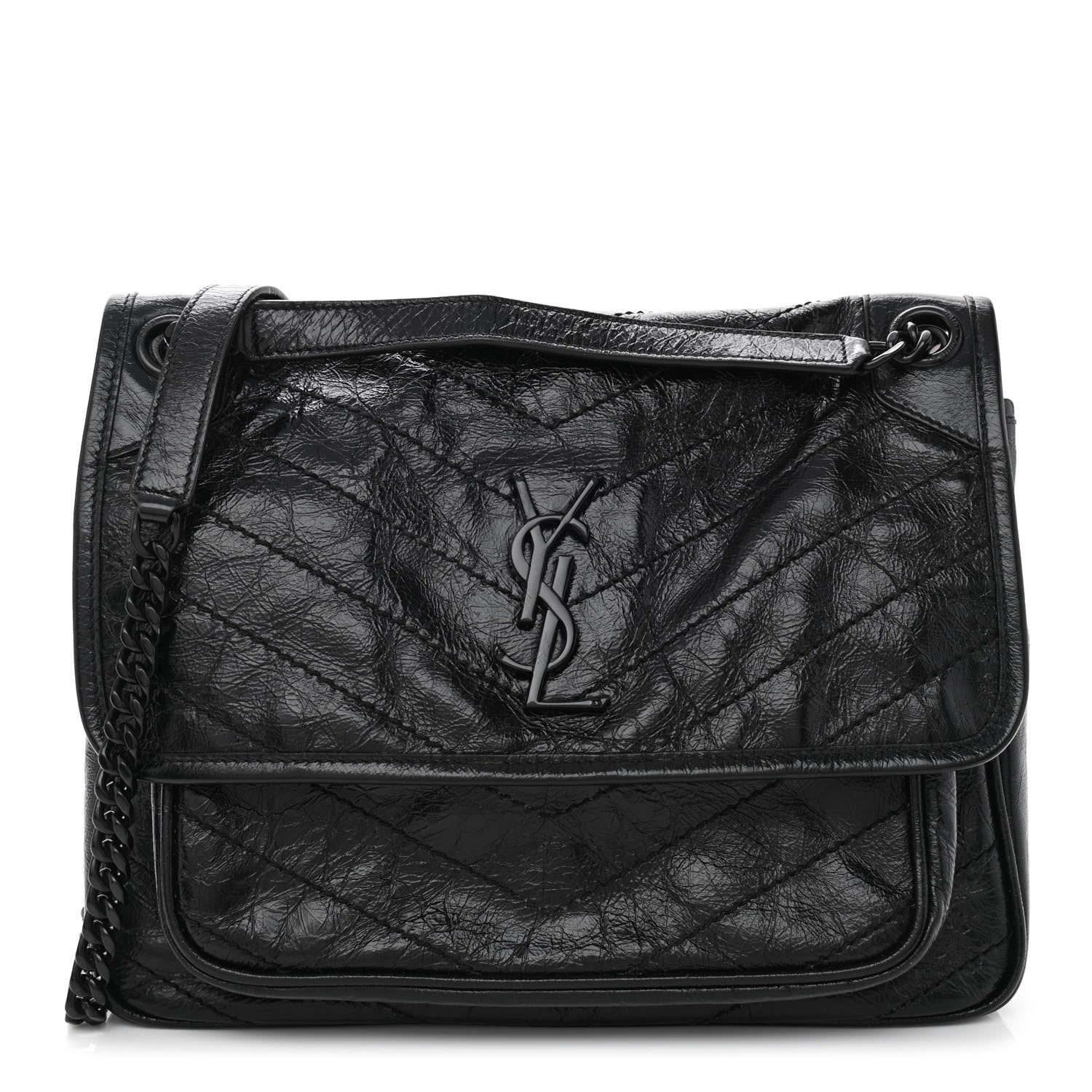 Saint Laurent Crinkled Calfskin Matelasse Monogram Medium Niki Chain Satchel Black 1 of 9