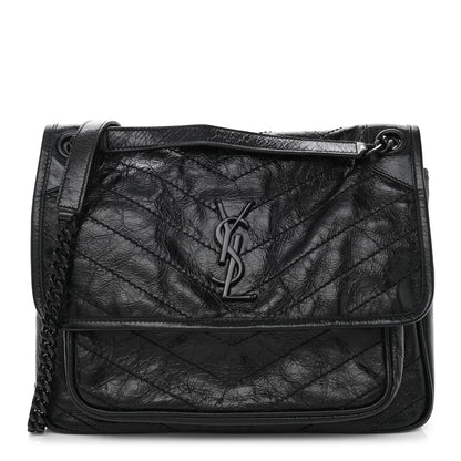 Saint Laurent Crinkled Calfskin Matelasse Monogram Medium Niki Chain Satchel Black 1 of 9