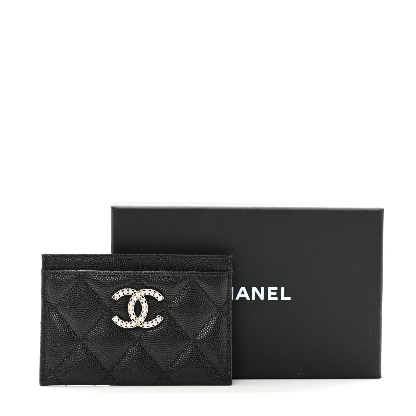 Caviar Quilted Crystal Card Holder Black