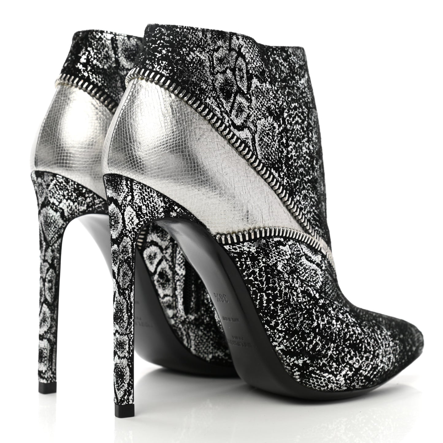 Metallic Snakeskin Embossed Calfskin Pointed Toe Ankle Boots 36.5 Black Silver