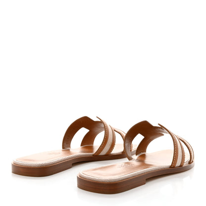 Hermes Calfskin Canvas Oran Sandals 37 Noisette Beige Dore 4 of 9