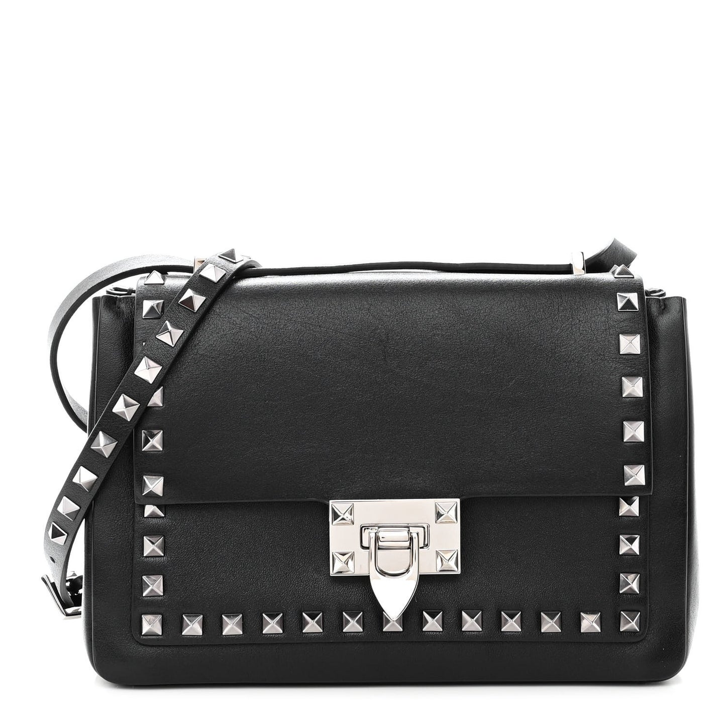 Vitello Rockstud Shoulder Flap Bag Black